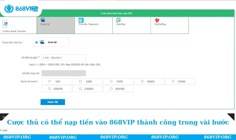 Cược thủ có thể nạp tiền vào 868VIP thành công trong vài bước